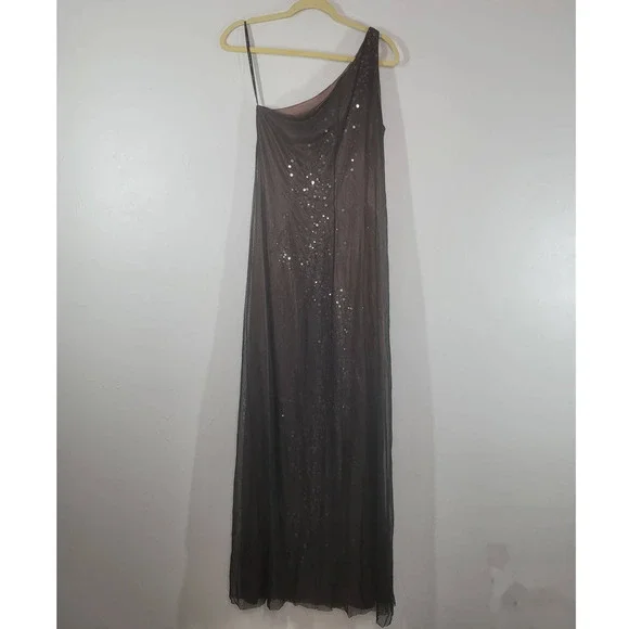 David Meister Sheer Overlay Sequin Maxi Dress Sz 10 One-Shoulder A-Line Stretch - Picture 2 of 5